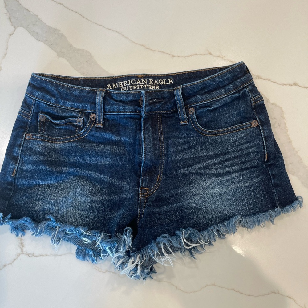 American Eagle Outfitters Dark Blue Frayed Jean Shorts